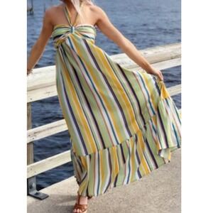 A.Calen By Flying Tomato Halter Maxi Dress Striped Smocked Bodice M flowy stripe